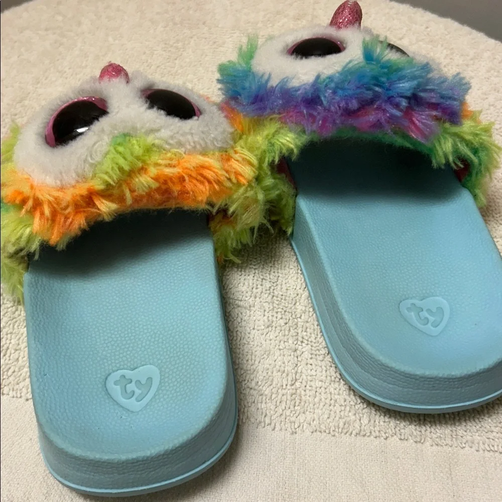 Ty Owl Owen plush colorful rainbow Kids slipOn plush Slide Sandals size 11-13